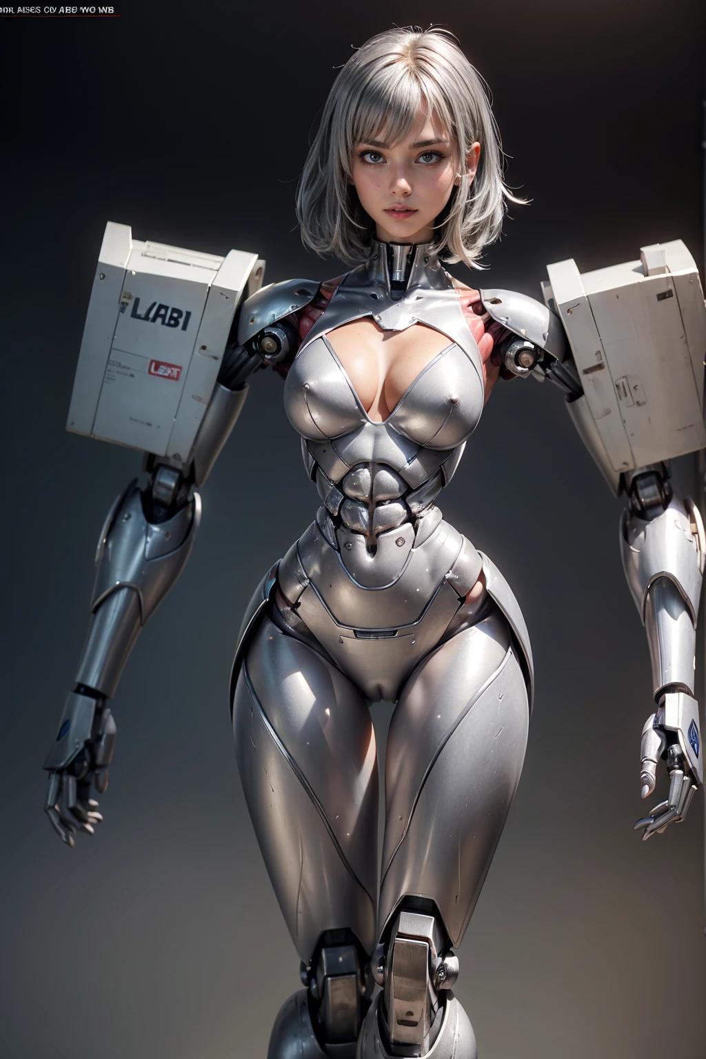 (Muscular:1.8), (thick thighs:1), (large round breasts:1), (large muscular chest and shoulders:1.4), FEMALE, brown hair, long brown hair, (big smile:0), (tight mecha arm, tall cute silver cyborg:1.5), looking at viewer, (three quarter view:1.3), upper body view, (lab:1.5), dark lighting, detailed skin, detailed eyes, (dark skin:1.), (very thin waist:1.6), (huge round muscles:1.5), 