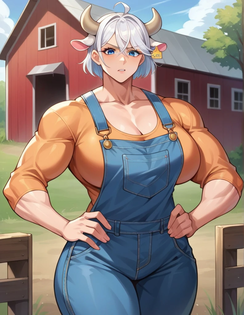 score_9, score_8_up, score_7_up, source_anime,
cowgirl, cow girl, ahoge, white hair, ice blue eyes, short hair, contempt look on face,
cleavage, collarbone, frills, long sleeves, overalls, suspenders,large breasts, wide hips, milf,
outdoors, farm, cows, in a barn
looking down at viewer, cowboy shot, hands on hips, dynamic pose, cow ears, cow horns, no human ears, no shirt, skimpy clothes, tall, muscular, bulky, milk