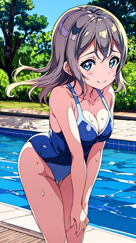 watanabe you, blue eyes, love live! sunshine!!, thick, sweat, sexual excitement, gravure, nsfw, competition swimsuit, shy, anime painting, gravure, bend over, poolside, smile, looking back, showoff