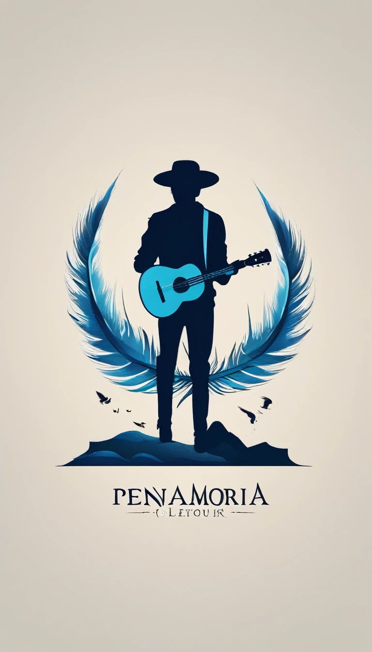 A minimal, modern, simple, cinematic logo design for the brand “Penamemoria". The logo design must be a simple, silhouette of a boy, standing up, playing acoustic guitar and fantasy feather by his side. The logo must convey a sense of music, stories, memories and dreams. Logo design impressed on a book cover. Minimalistic logo. Light blue, white and soft golden as colors for the logo design