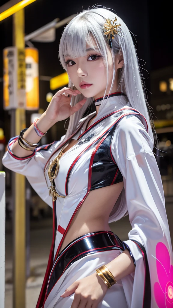 Photo of a Japanese female android in her mid-twenties made from glossy white and silver translucent glass and plastic, Geisha makeup and hairstyle, Silver-colored metal internals, Dynamic pose, Flowing organic structure, Shiny gold circuit, coloRful Neon Trim, Glowing Circuit, Neon Trim, Depth of Field Focus F/2.8, art:H.R. Giger, GReg Rutowski