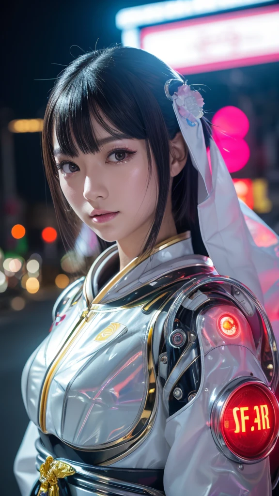 Photo of a Japanese female android in her mid-twenties made from glossy white and silver translucent glass and plastic, Geisha makeup and hairstyle, Silver-colored metal internals, Dynamic pose, Flowing organic structure, Shiny gold circuit, coloRful Neon Trim, Glowing Circuit, Neon Trim, Depth of Field Focus F/2.8, art：H.R. Giger, GReg Rutowski