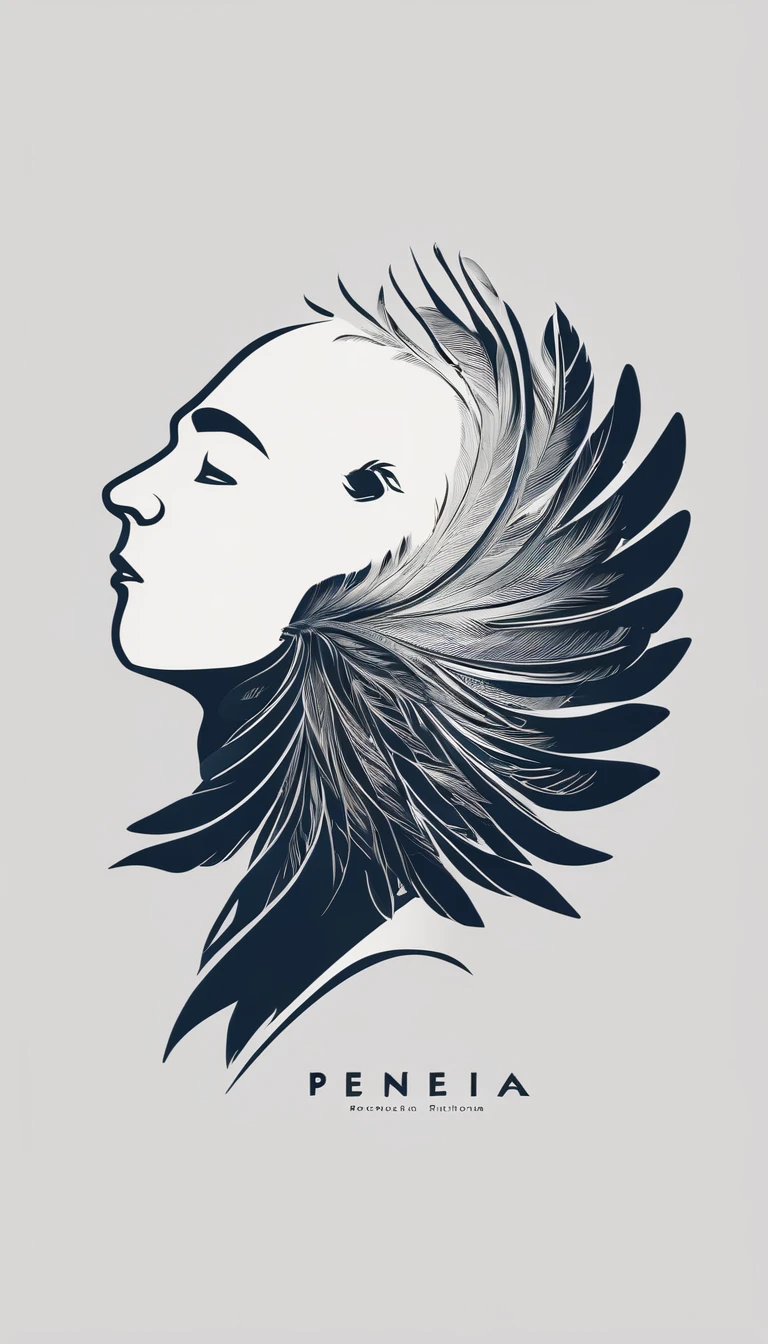 A minimal, modern, simple, cinematic logo design e of a boy with a head full of feathers for the brand “Penamemoria".