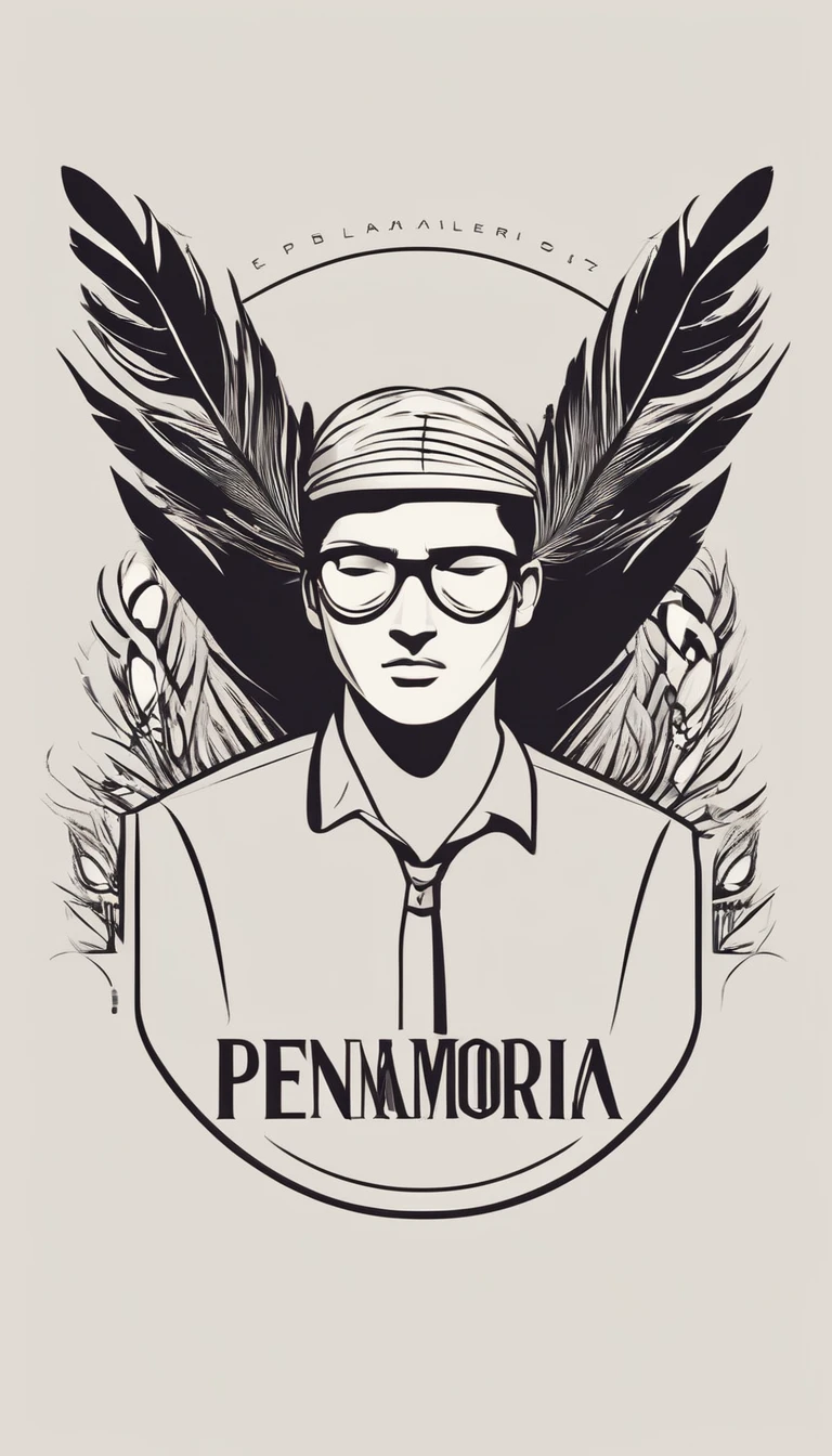 A minimal, modern, simple, cinematic logo design e of a boy with a head full of feathers for the brand “Penamemoria".