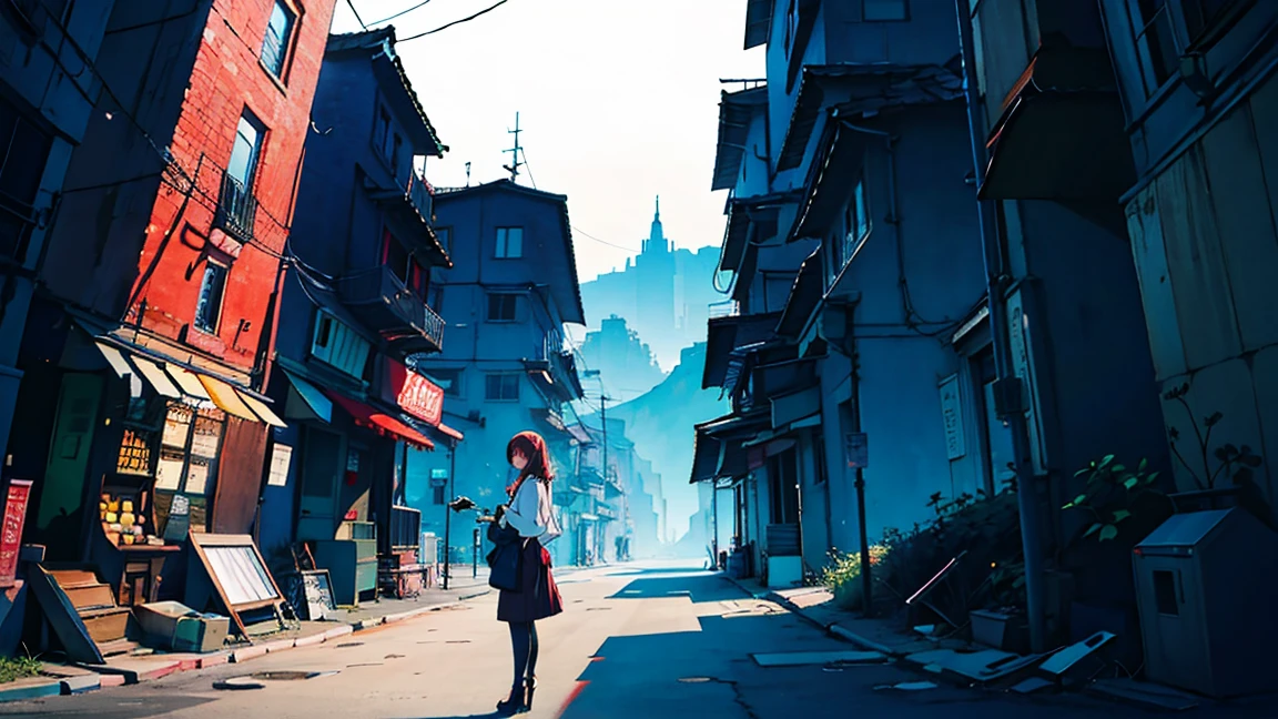 a woman is standing and looking at the beautiful landscape, anime style, with still camera angle