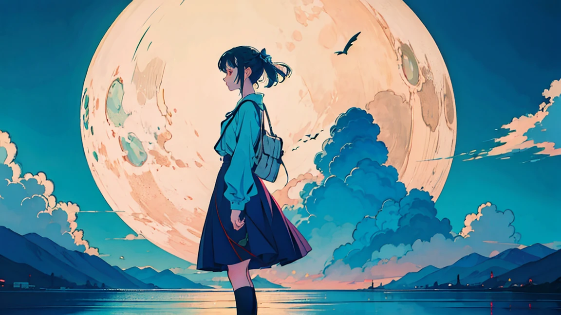 a woman is standing and looking at the beautiful landscape, anime style, with still camera angle