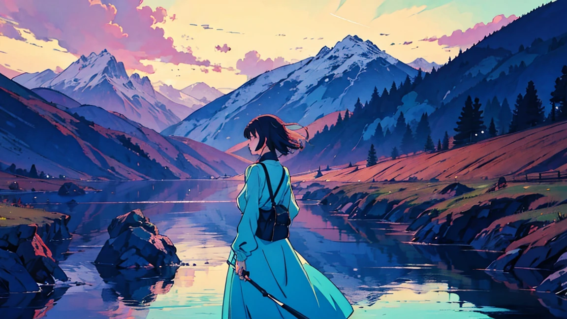 a woman is standing and looking at the beautiful landscape, anime style, with still camera angle