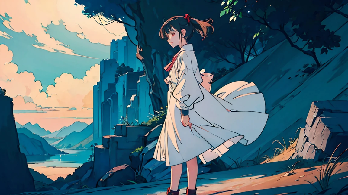 a woman is standing and looking at the beautiful landscape, anime style, with still camera angle