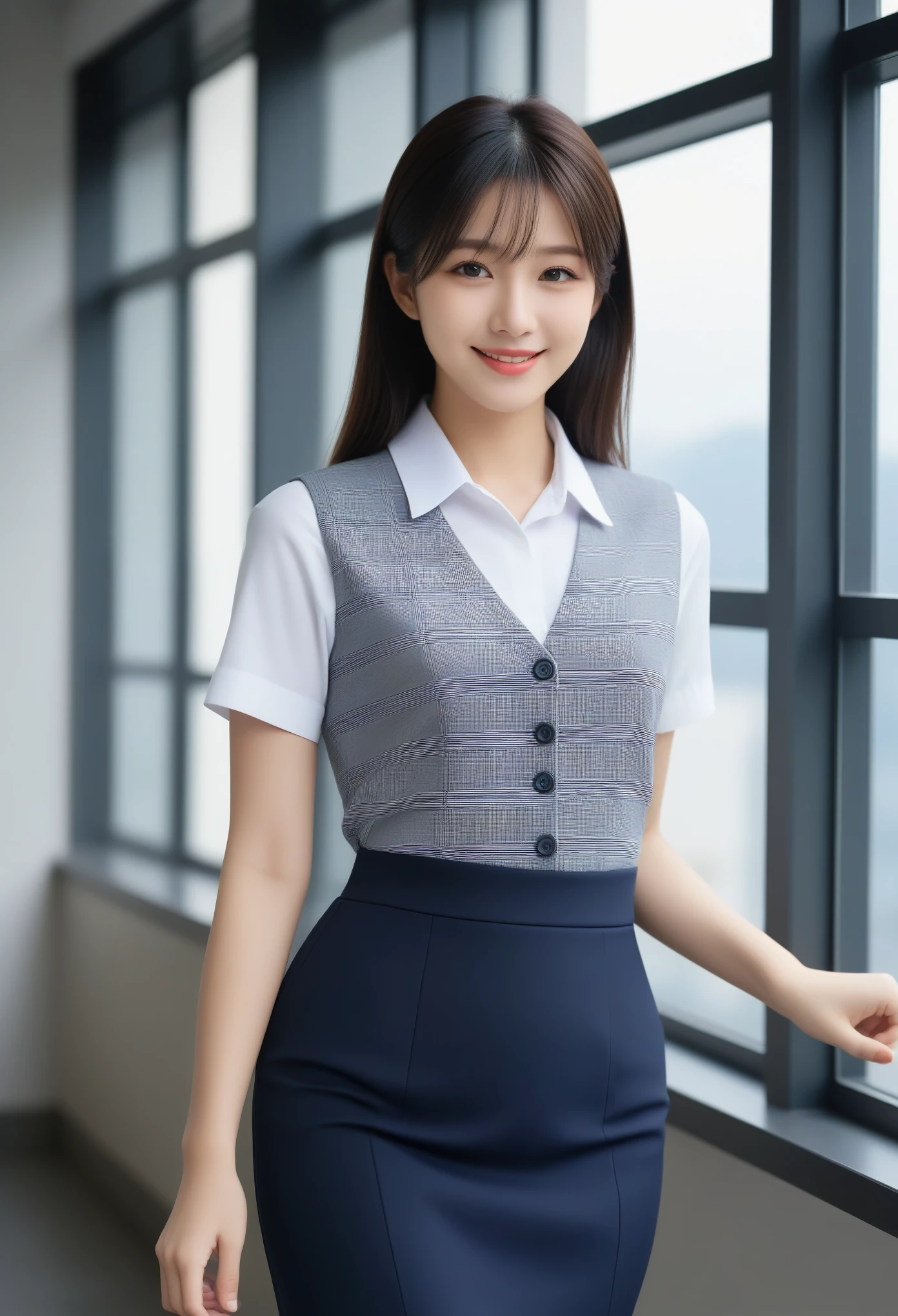 8K, Ultra-high resolution, Highest quality, masterpiece, 三分割法によるphotograph,Surreal, photograph, 1 girl, (16 years old:1.3), pretty girl, Cute face, Beautiful eyes in every detail, 細かくdetailedに,masterpiece,, One Girl:1.2, Japan Female Announcer,whole body、Black Hair、well-groomed eyebrows、Cute Lip Makeup,1 Woman Standing, office worker, (White and grey checked vest:1.2) (Navy pencil skirt) , (Modern office indoors), Cityscape of windows, detailedな背景,Cute gestures、so beautiful,A carefree smile,Healing the heart,blunt bangs,Looking at the audience、beauty,Long neck、Laugh a little、Please close your mouth and laugh、(((Ideal body type))),A-cup small breasts :2,、Portraiture:2、Perfect Anatomy、鮮明なdetailed、detailed、Surreal、Light and shadow,Strong light