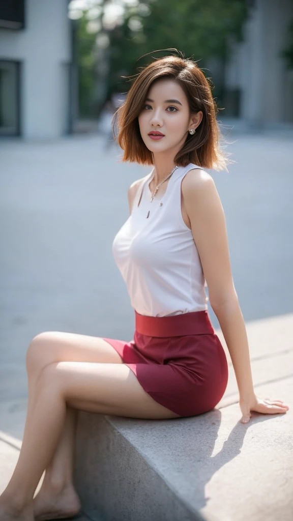 8K, masterpiece, RAW photos, best quality, Reality, extremely detailed CG unity 8K wallpaper, Depth of Field, light, lens flare, Ray Tracing, (Extremely beautiful face, Beautiful lips, beautiful eyes), Complex facial details, ((Ultra-delicate skin)) 1 Girl, in the darkness, Deep Shadows, Beautiful Korean girl, Korean Idol,(Very slim slender fit-muscled body:1.3), ((Looking at the audience)),(A bright smile:1.3), (Fashion City Night, (Neon), (Blurred background), midnight, (nobody), (背景中nobody:1.3), Beautiful Korean girl, White Diamond Earrings, Diamond Bracelet, Deya Necklace, Pantyhose, Clear eyes, walk , front Photo, (Pale skin), Facing forward, (big eyes), full-body shot, ((see through, White top)), ((Red Skirt :1.3)), (Brown hair) (Looking at the audience:1.3), (Lace), Very slim, Medium breasts, Hermès bag