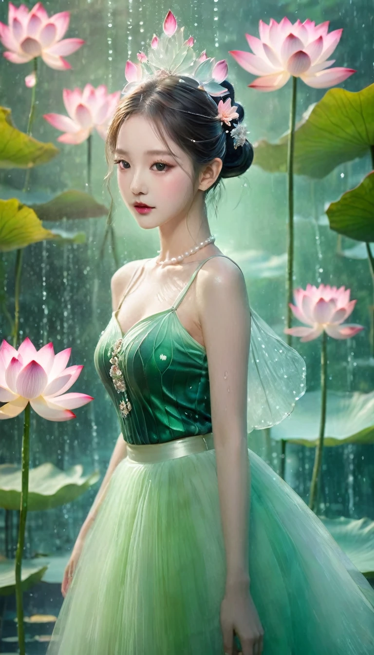 Lotus girl，Lotus fairy，Pink green gradient fluffy tulle skirt，Lotus hair accessories，Lotus Jewelry，The watery girl，dream，Delicate face，Facial details,bust，Water Drops，pearl，bust，Lotus background，Front view