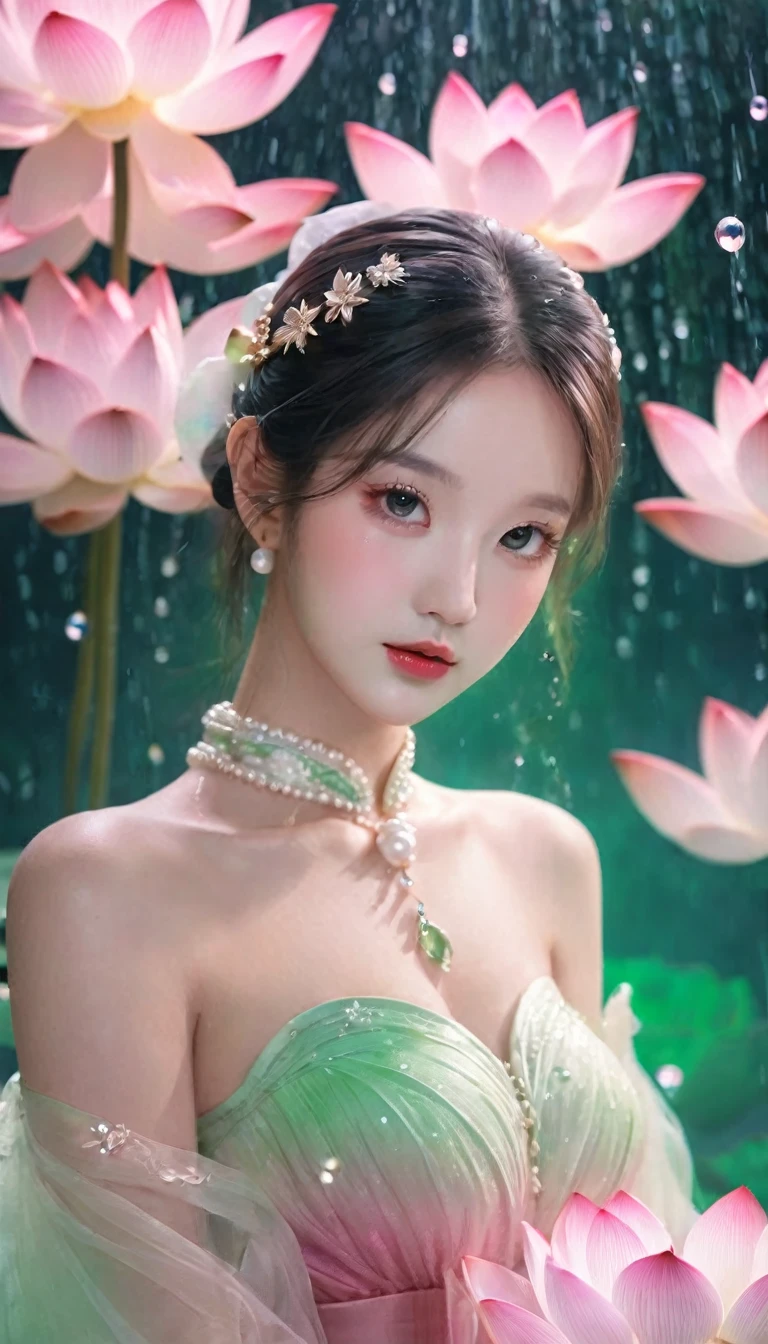 Lotus girl,Lotus fairy,Pink green gradient fluffy tulle skirt,Lotus hair accessories,Lotus Jewelry,The watery girl,dream,Delicate face,Facial details,bust,Water Drops,pearl,bust,Lotus background,Front view