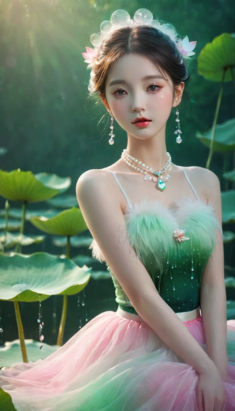 Lotus girl，Lotus fairy，Pink green gradient fluffy tulle skirt，Lotus hair accessories，Lotus Jewelry，The watery girl，dream，Delicate face，Facial details,bust，Water Drops，pearl，bust，Lotus background，Front view