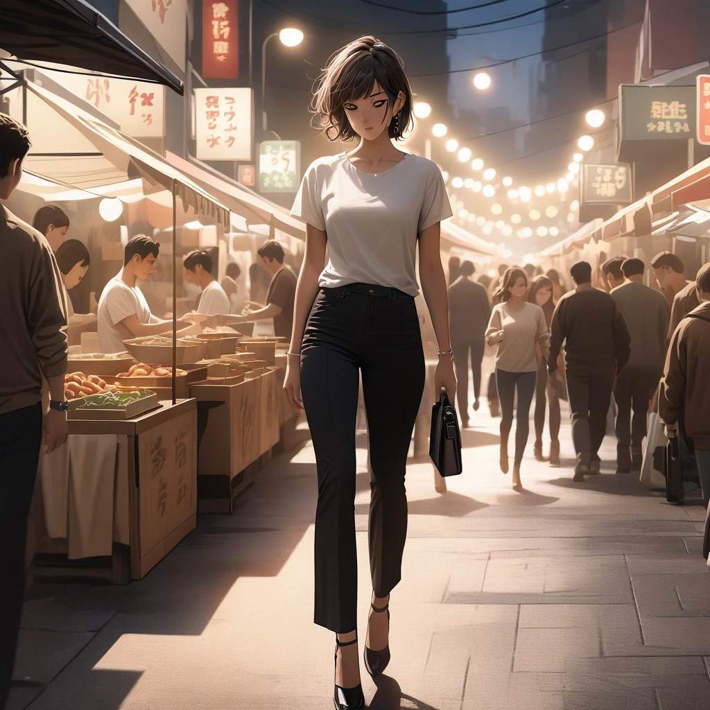 (best quality, 8k, masterpiece, highres, ultra-detailed), photorealistic, Tsukasa Hojo style, woman, black skinny jeans, white T-shirt, high heels, walking, night market, sophisticated makeup, earrings, delicate features, soft shadows, casual elegance, subtle details, realistic skin, minimalist background, warm lighting, film grain.