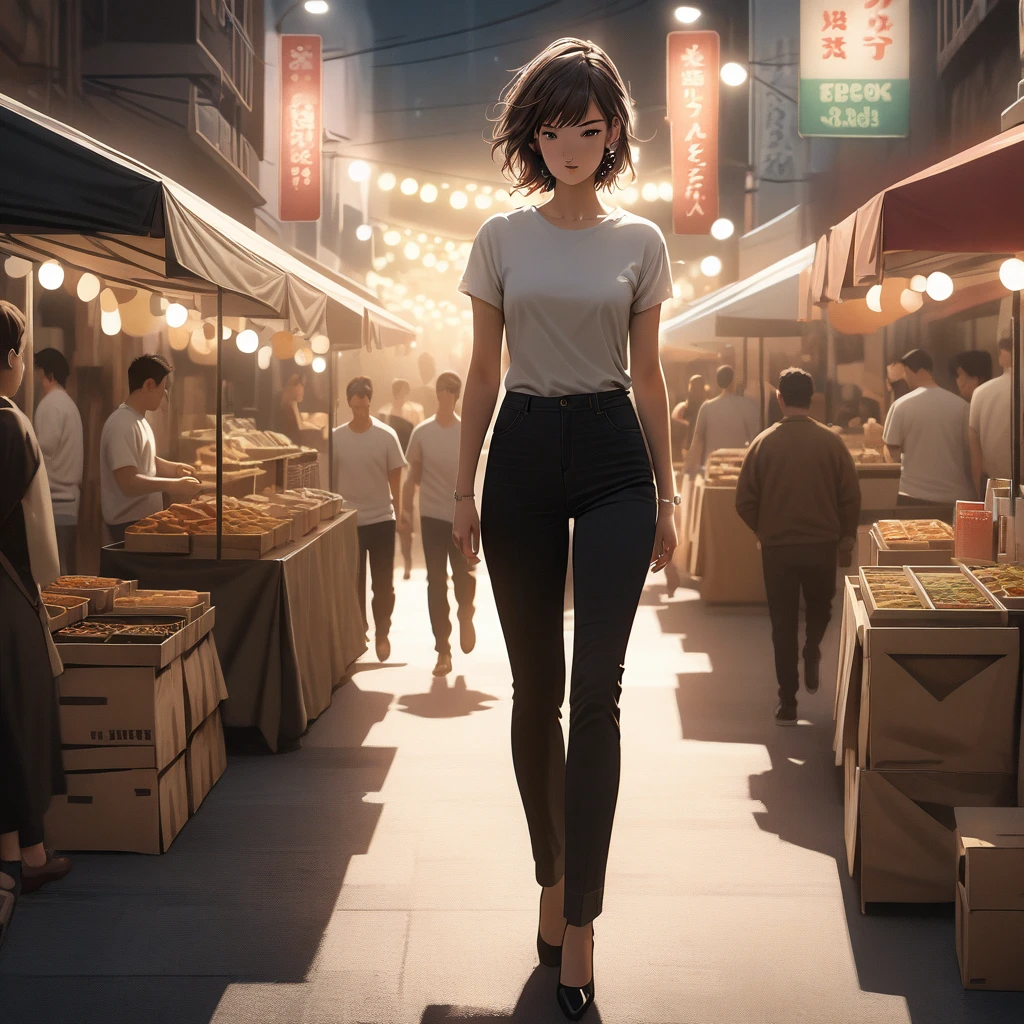 (best quality, 8k, masterpiece, highres, ultra-detailed), photorealistic, Tsukasa Hojo style, woman, black skinny jeans, white T-shirt, high heels, walking, night market, sophisticated makeup, earrings, delicate features, soft shadows, casual elegance, subtle details, realistic skin, minimalist background, warm lighting, film grain.