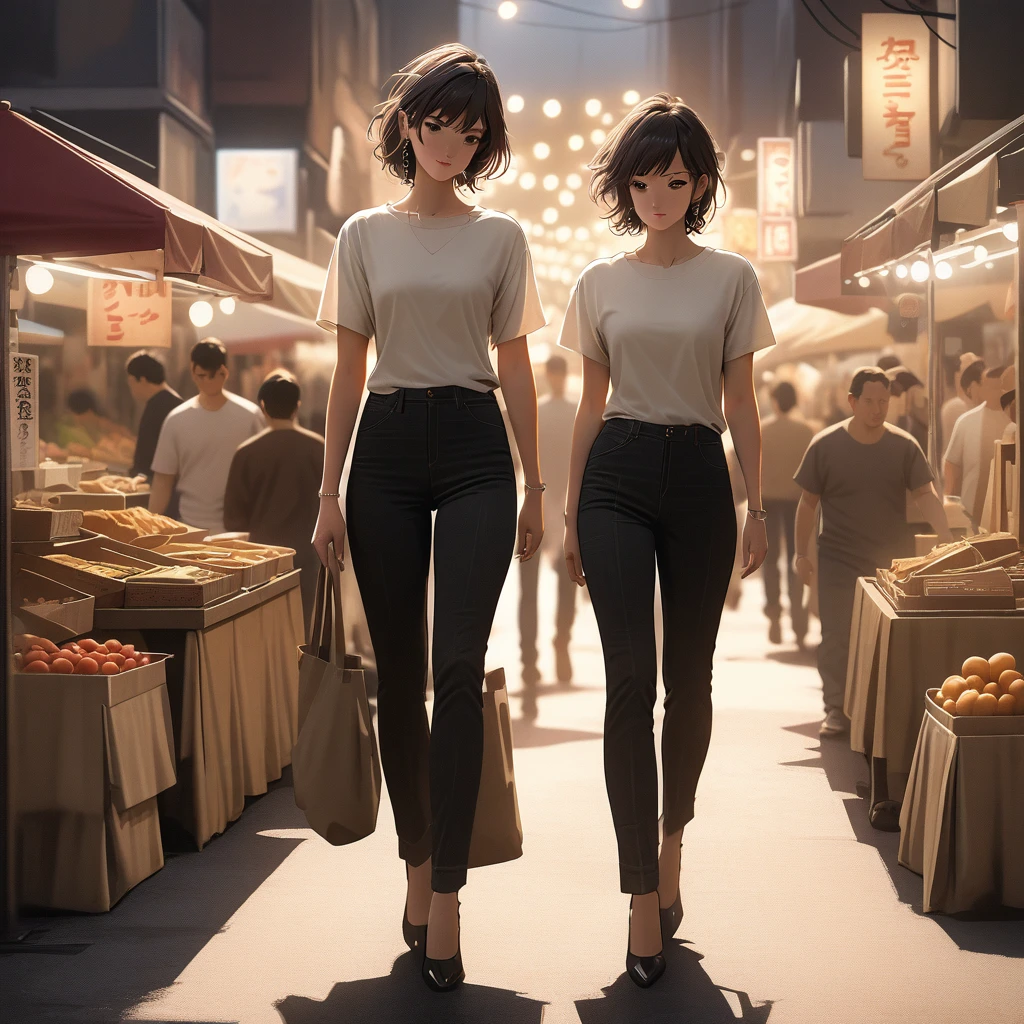 (best quality, 8k, masterpiece, highres, ultra-detailed), photorealistic, Tsukasa Hojo style, woman, black skinny jeans, white T-shirt, high heels, walking, night market, sophisticated makeup, earrings, delicate features, soft shadows, casual elegance, subtle details, realistic skin, minimalist background, warm lighting, film grain.