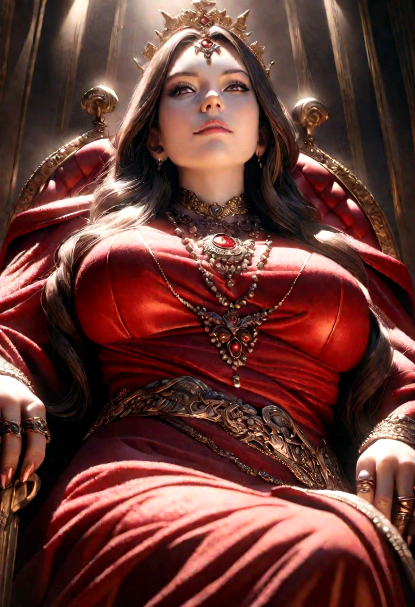 a luxurious empress sitting on a grand throne, dramatic lighting, detailed facial features, red elegant long dress covered in ornate jewelry, intricate necklace and rings, detailed breasts, high quality, photorealistic, cinematic lighting, striking front view from below, masterpiece, high resolution, 8k, detailed, realistic, photo-realistic