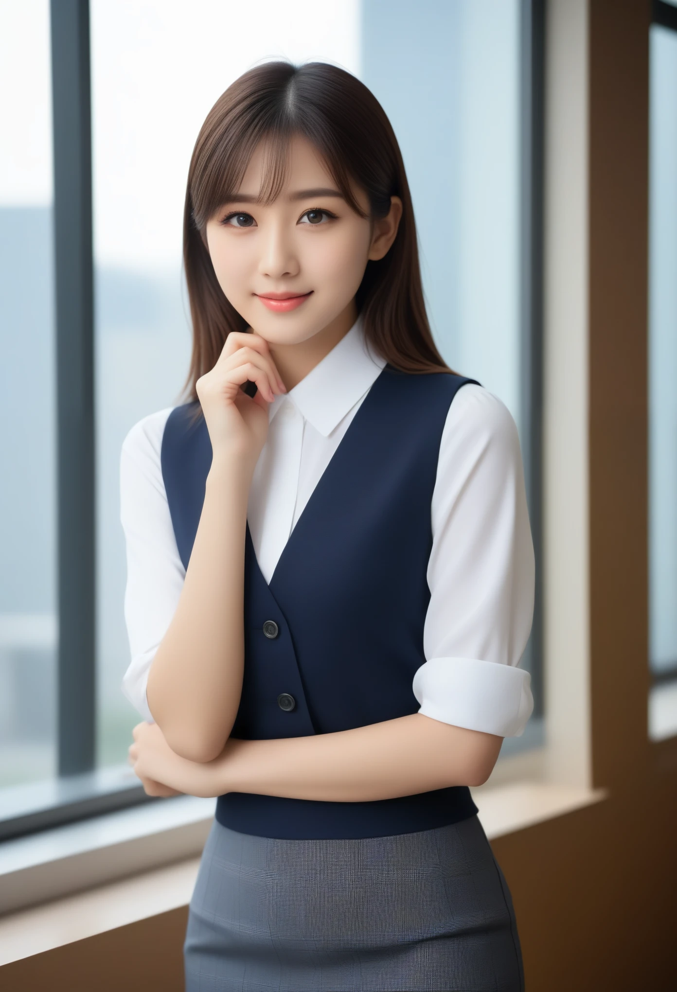 8K, Ultra-high resolution, Highest quality, masterpiece, 三分割法によるphotograph,Surreal, photograph, 1 girl, (16 years old:1.3), pretty girl, Cute face, Beautiful eyes in every detail, 細かくdetailedに,masterpiece,, One Girl:1.2, Japan Female Announcer,whole body、Black Hair、well-groomed eyebrows、Cute Lip Makeup,1 Woman Standing, office worker, (White and grey checked vest:1.2) (Navy pencil skirt) , (Modern office indoors), Cityscape of windows, detailedな背景,Cute gestures、so beautiful,A carefree smile,Healing the heart,blunt bangs,Looking at the audience、beauty,Long neck、Laugh a little、Please close your mouth and laugh、(((Ideal body type))),A-cup small breasts :2,、Portraiture:2、Perfect Anatomy、鮮明なdetailed、detailed、Surreal、Light and shadow,Strong light