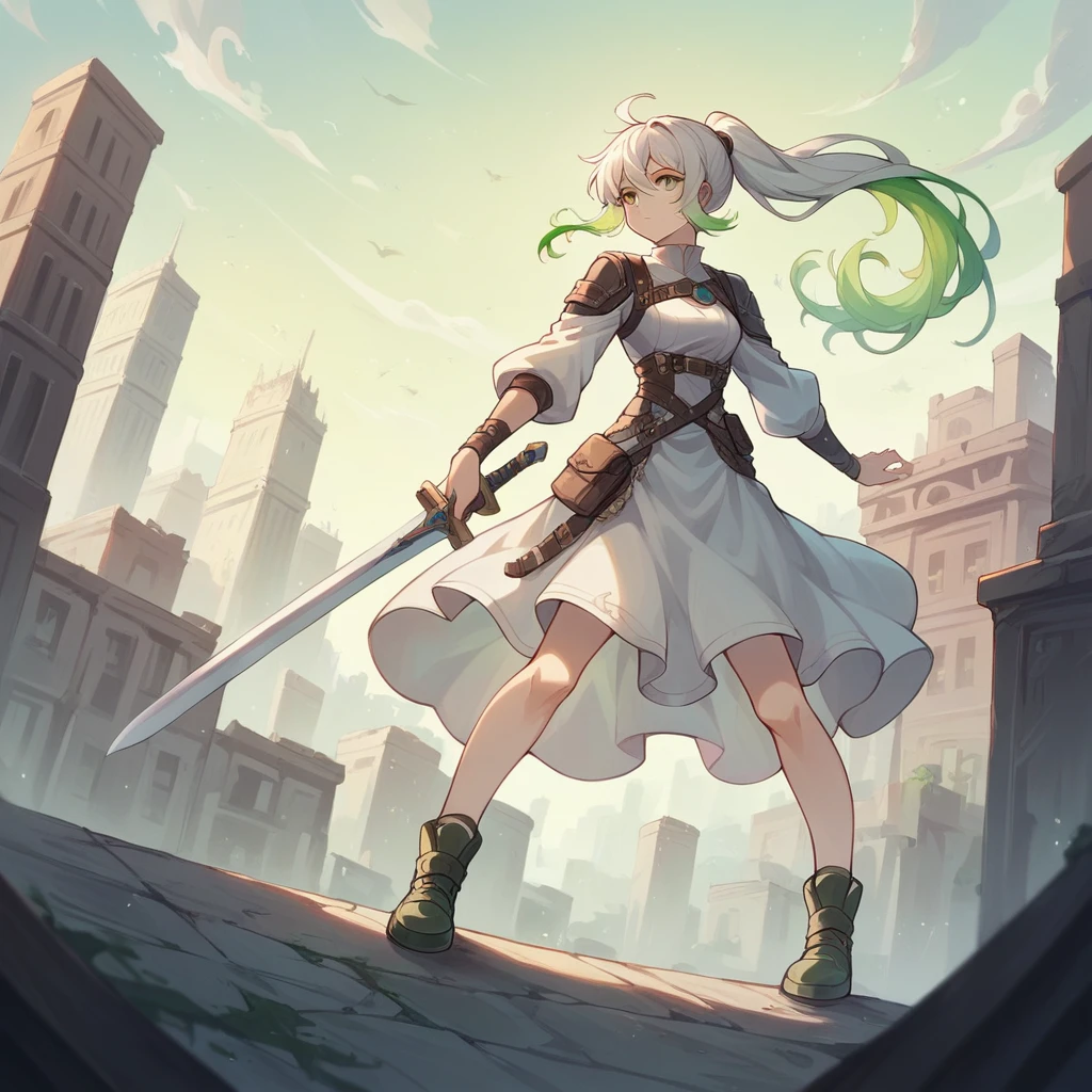 (masterpiece, Highest quality:1.3), One girl, alone，ponytail，Green and white gradient hair，Green Eyes,Adventurer,middle ages,Leather shoes,Background city,Sword in left hand,White clothes,