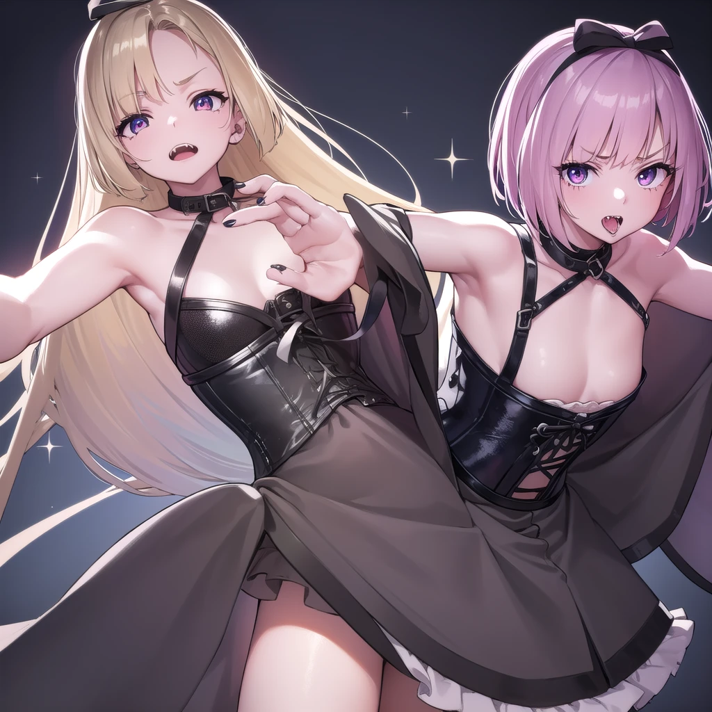 Beautiful Girl, (open mouth, tongue out:1.1), (corset piercing:1.3), teeth, (deadpan, emotionless eyes, Glitter eyes), long eyeslashes, red rip, Very short blonde hair, (Gray eyes), (Dark skin), nail polish, flat chest best quality, Bare navel, kunder-rim eyewear, frilled dress, Bare arms, overexplosure, Bare shoulder, The background is solid black, gothic ta, (Five Fingers, 4fingers and 1thumb), Professional Lighting, Best Quality, masutepiece, ultra-detailliert, Capture super cute moments, depth of fields, Ultra High Resolution, Fine details, 16k wallpaper,