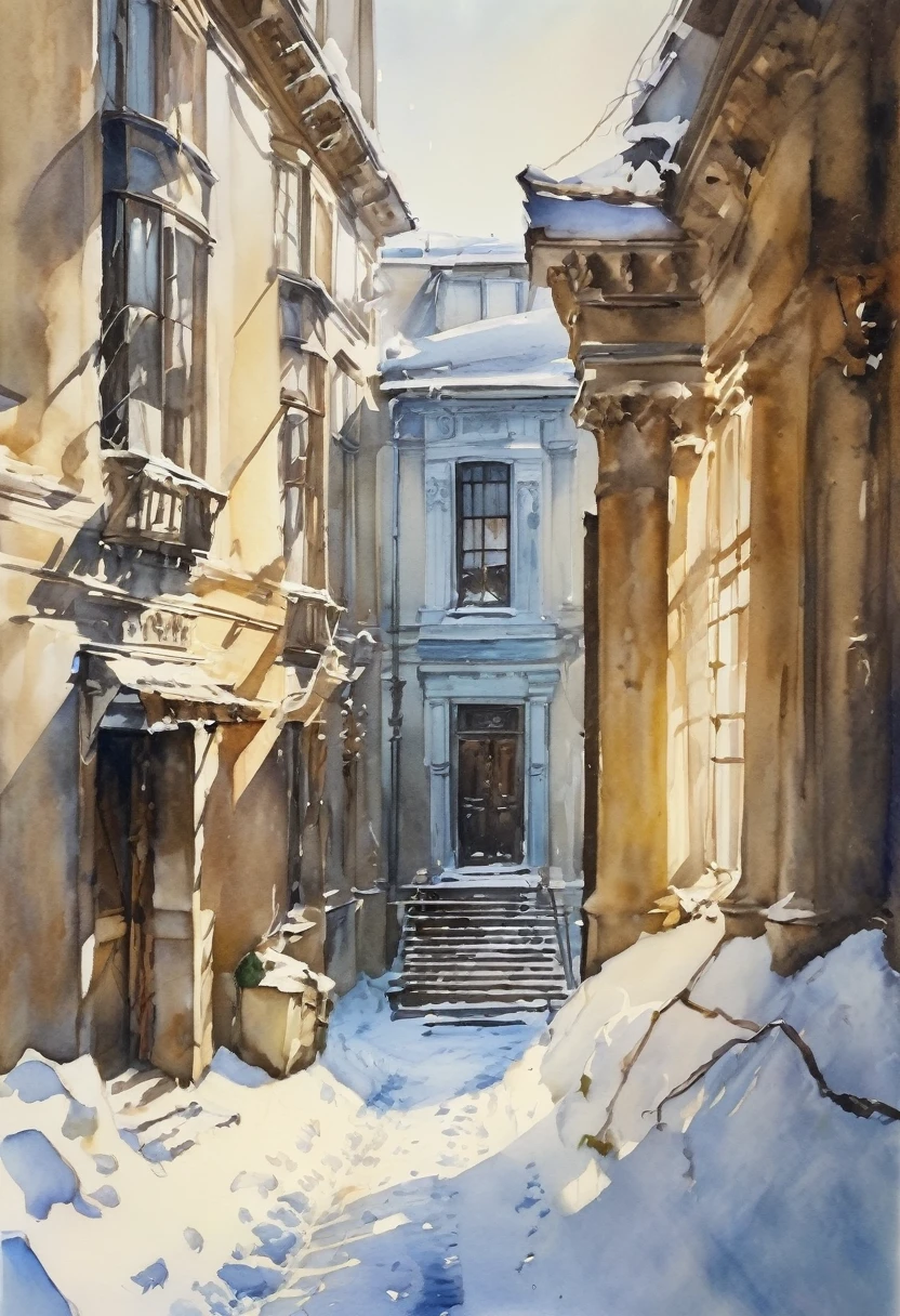 (Watercolor painting in Sargent style)、(best quality、masterpiece) Winter sunlight and snow , Old building, Elegant and old-fashioned , A bit worse ,