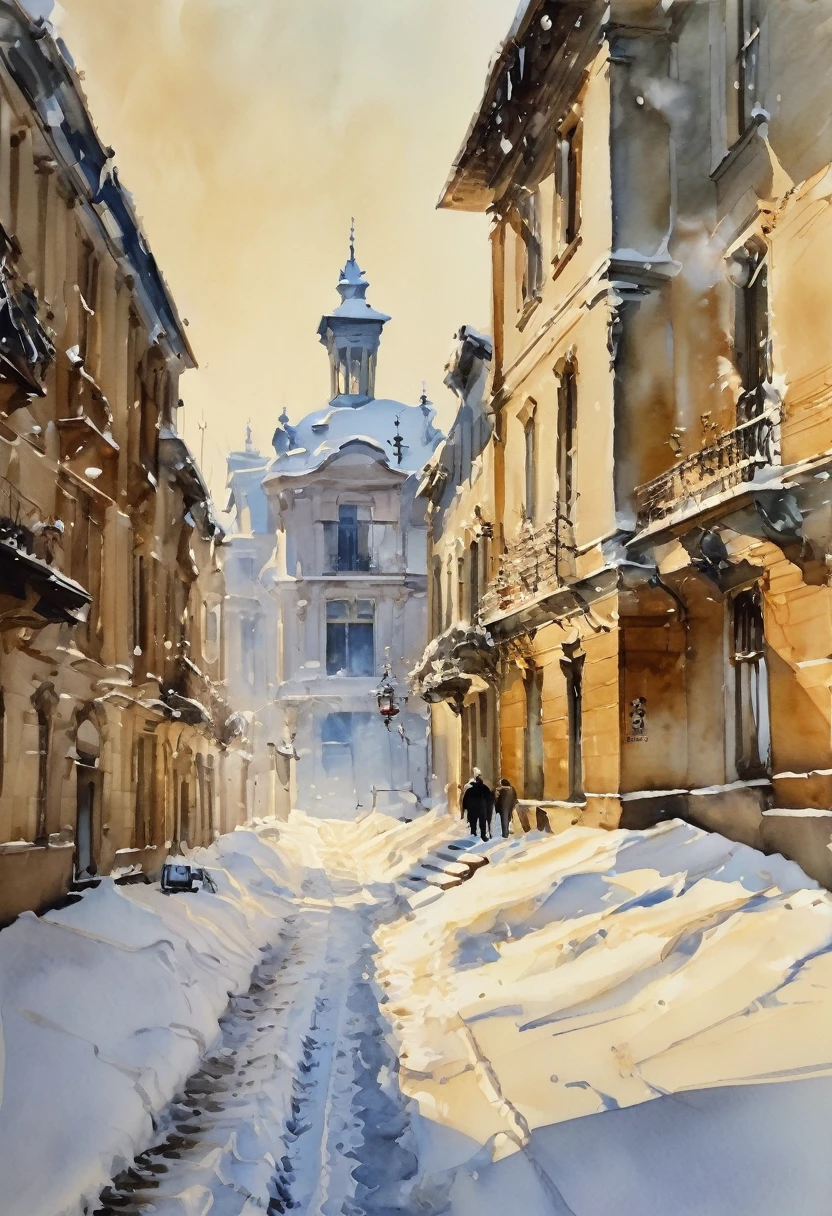 (Watercolor painting in Sargent style)、(best quality、masterpiece) Winter sunlight and snow , Old building, Elegant and old-fashioned , A bit worse ,