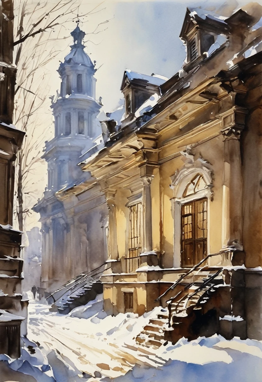 (Watercolor painting in Sargent style)、(best quality、masterpiece) Winter sunlight and snow , Old building, Elegant and old-fashioned , A bit worse ,
