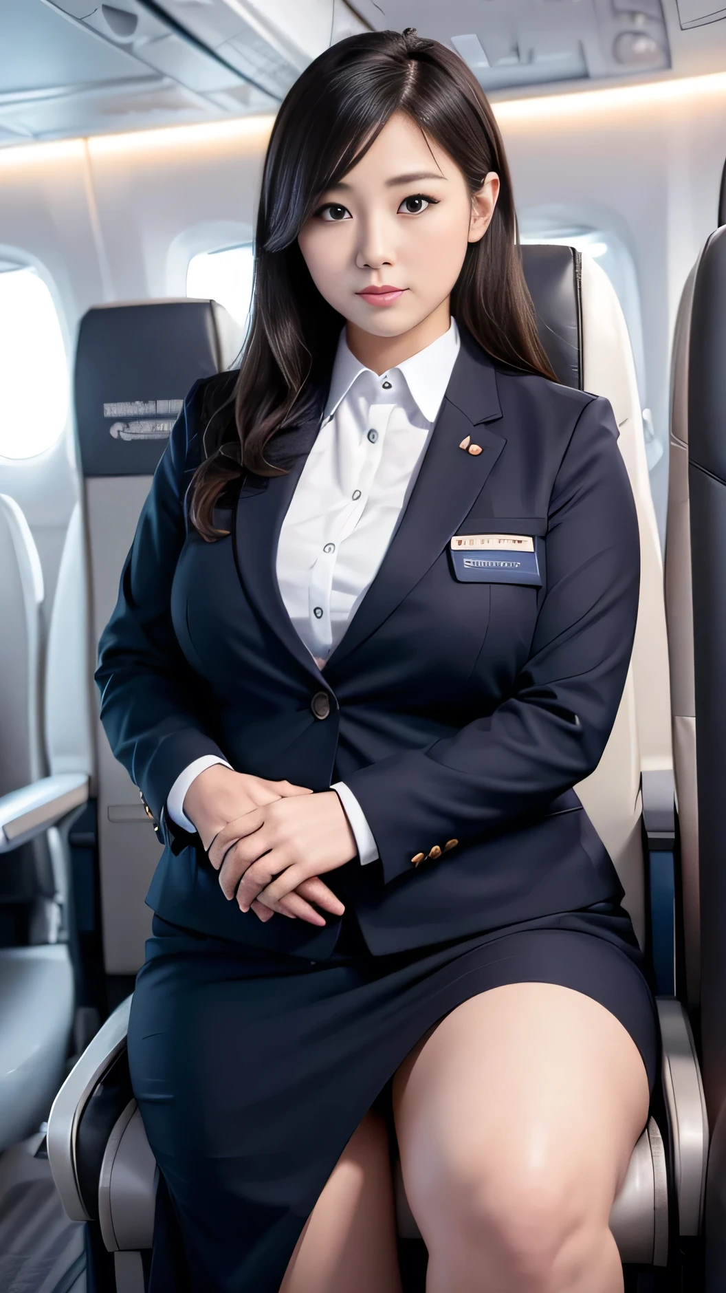 ((8K)), highest quality, 超High resolution, (Surreal)、(High resolution), 1 girl, Flight Attendant, ((Flight Attendant uniform))、Overweight、Extremely fat、Chubby、Japanese、inside an airplane