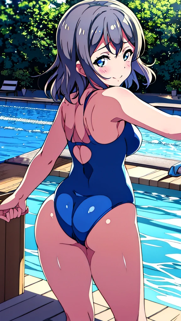 watanabe you, blue eyes, love live! sunshine!!, thick, sweat, sexual excitement, gravure, nsfw, competition swimsuit, shy, anime painting, gravure, bend over, poolside, smile, looking back, showoff