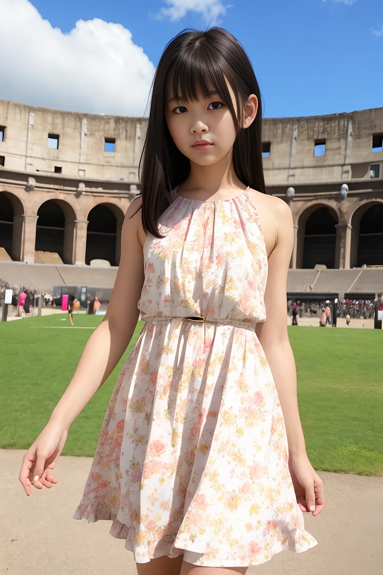 (masterpiece, best quality:1.2), 1girl, yumiko koizumi, asymmetrical bangs, bangs, black hair, blue sky, brown eyes, brown hair, cloud, cloudy sky, dress, eyebrows visible through hair, floral print, long hair, white dress, looking at viewer, outdoors, sky, colosseum, stage, sleeveless, half sleeves, belt, frills dress