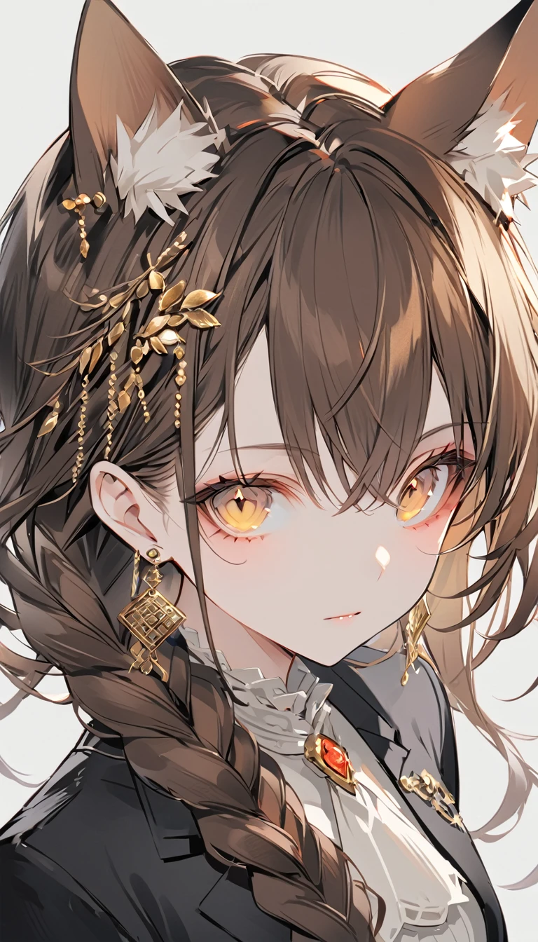 a guy that looks like a girl in a suit walking on the floor, 1girl, solo, animal ears, braid, yellow eyes, animal ear fluff, looking at viewer, hair ornament, brown hair, upper body, long hair, earrings, grey background, simple background, shirt, jewelry, ascot