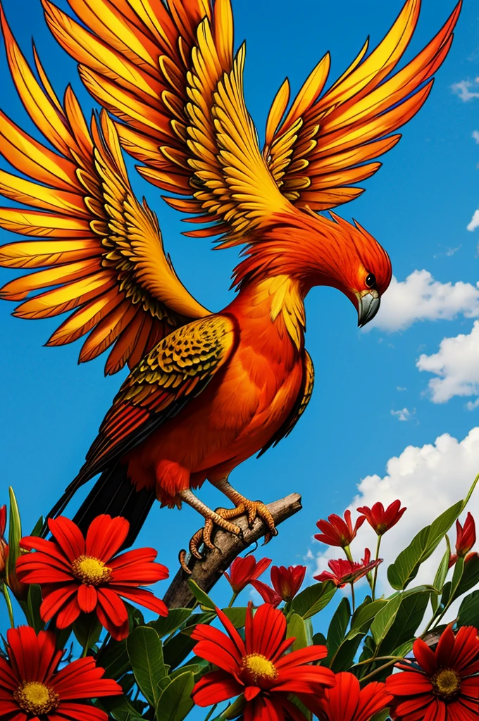Phoenix bird perched on a heart of flowers
