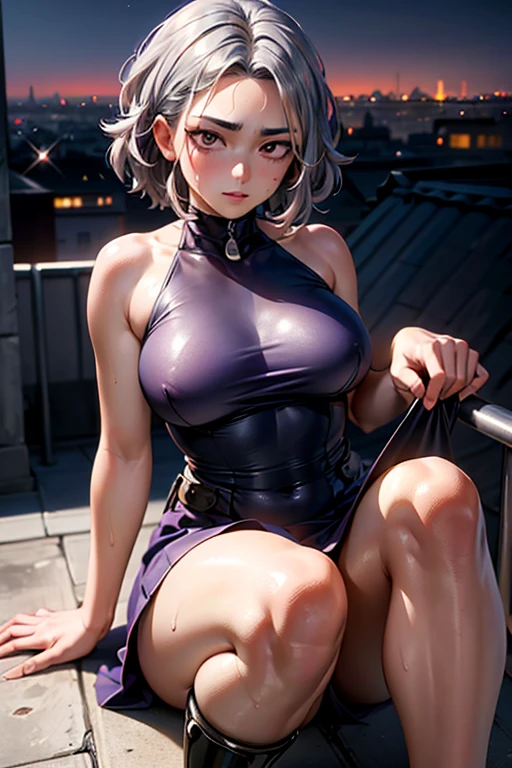 (Very detailed,Highest quality,4K,8K,High resolution,masterpiece:1.2),(Perfect hands,Perfect Legs),(Realistic,photoRealistic,photo-Realistic:1.37),One Woman,Nagant,Calm expression,Beautiful Face,(((Purple red medium hair))),
((Black sleeveless wetsuit top)),((Black long skirt)),(((Both legs below the knees are silver metal prosthetics))),
Beautifully detailed sweat glands,Smooth skin texture,Carefully drawn,(Big Breasts),Sticky with sweat,In a sexy pose,
My Hero Academia,Outdoor,rooftop,night,