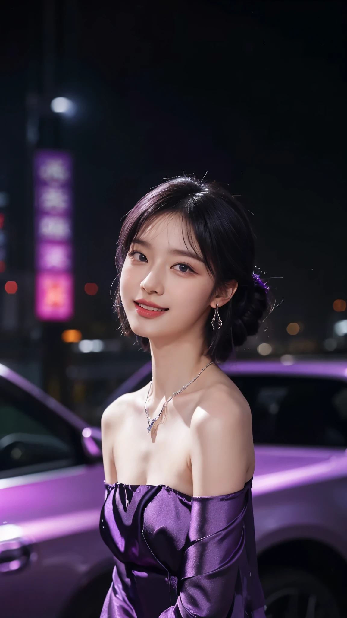 8k, masterpiece, RAW photo, best quality, photorealistic, extremely detailed CG unity 8k wallpaper, Depth of field, Cinematic Light, Lens Flare, Ray tracing, (extremely beautiful face, beautiful lips, beautiful eyes), intricate detail face, ((ultra detailed skin)) 1girl, in the dark, deep shadow, pretty korean girl, kpop idol,(very slim slender fit-muscled body:1.3), ((looking at viewer)),(big smile:1.3), (night, (neon sign), (blurry background), midnight, (without people in the background:1.3), pretty korean girl, white diamond earrings, bracelets, necklace, clear eyes, standing , front shot, Standing in front of purple neon Lights, Beside Purple Lamborghini car, (pale skin), (big eyes), full body shot, ((Satin silky Purple Asymmetrical Dress)), ((Satin silky Purple Asymmetrical Dress)),((purple colour Dress)), (looking at viewer:1.3), very slim, breast, super round big breasts under the dress, Hermes purple bag, updo hair, short hair, front face shot, ((Face Shot)), ((4 Different poses)), ((sexy angles)), medium butts, Purple vehicles, purple bike's, purple buses, purple walls, purple shop bords, purple advertising boards,