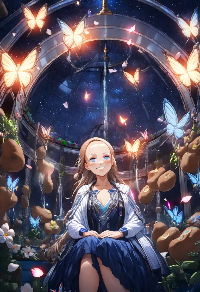 ((Highest quality)),(( high-res)),(ultra detailed face:1.30),1 beautiful woman,forehead,smile,night, Starry Sky, A magical indoor garden, dome, Sparkling water fountain, Lots of flowers, Glowing Butterfly, The background is a garden with petals and papas flying around.sitting