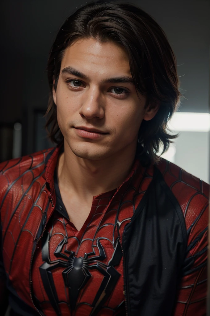 A photograph of spider man, no mask, 20 yo, handsome, detailed face, looking at camera, portrait, 8k uhd, high quality