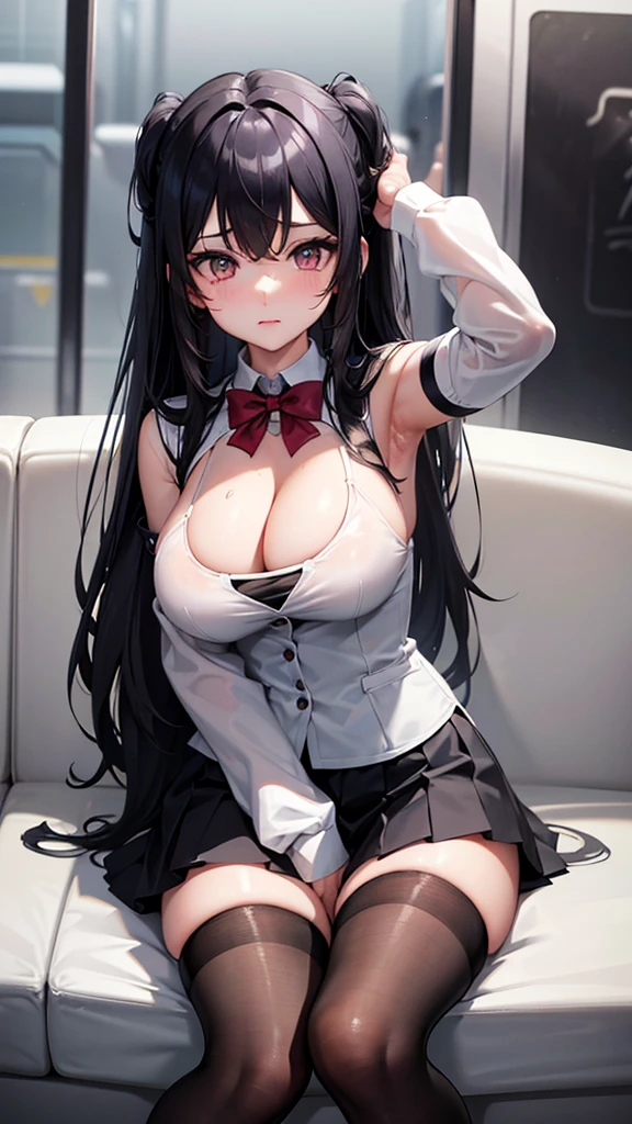 The best super busty、Black Hair、Cleavage、Miniskirt、Thighs、high resolution、Ultra HD、Knee socks、Absolute area、train、seat、Armpit、Close-up、Voyeur style、両Armpit上げ、No sleeve、Sexy、Long Hair、high school girl、、uniform