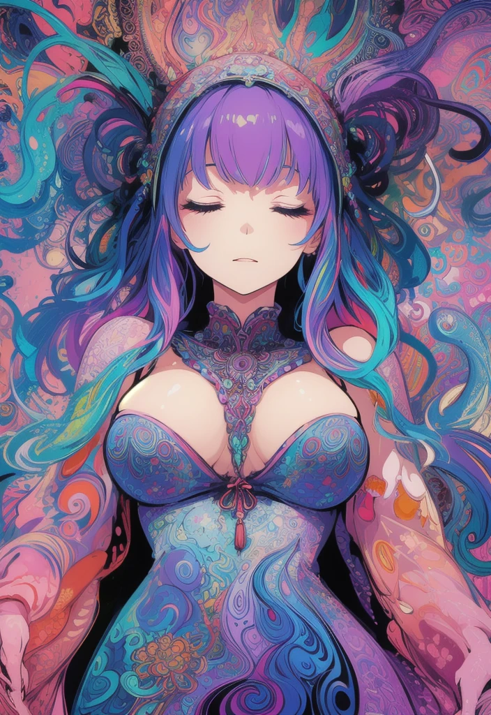 (psychedelic art:1.5), (from below:1.2), intricate dress, upper body, closed eyes, libido , Clothing erotica