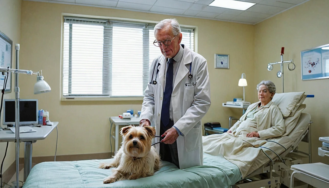 In a brightly lit room at a medical facility、An elderly male doctor wearing a white coat、Standing next to a patient sitting on a bed。A small dog was sitting on the patient&#39;s lap.、The patient is petting the dog tenderly.。The patient&#39;s facial expression is relaxed.、He has a gentle smile on his face。The doctor is watching over the patient and the dog with a warm gaze.。The atmosphere in the room is peaceful.、A soft light shines through the window。