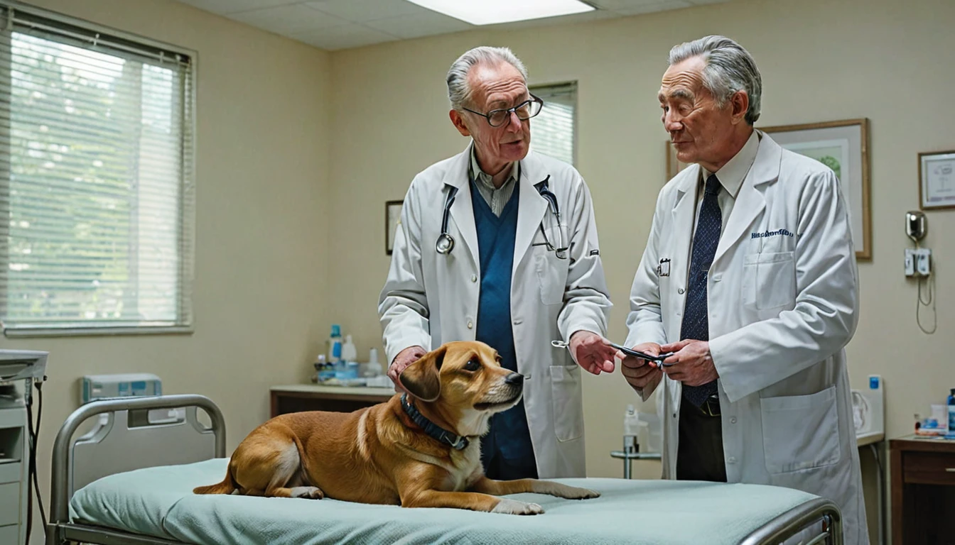 In a brightly lit room at a medical facility、An elderly male doctor wearing a white coat、Standing next to a patient sitting on a bed。A small dog was sitting on the patient&#39;s lap.、The patient is petting the dog tenderly.。The patient&#39;s facial expression is relaxed.、He has a gentle smile on his face。The doctor is watching over the patient and the dog with a warm gaze.。The atmosphere in the room is peaceful.、A soft light shines through the window。