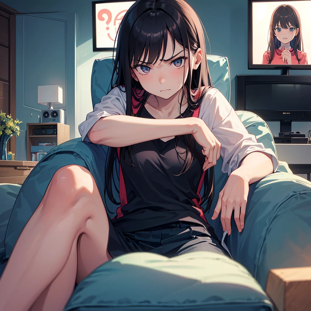 The girl (realistic face, angry expression) is sitting in the room (there is a TV, bed, chair) and there is a girl friend (real face, happy expression) they are both sitting next to each other.And they don't wear clothes