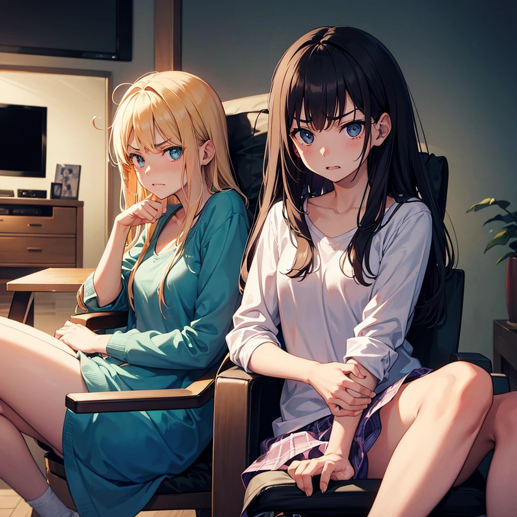 The girl (realistic face, angry expression) is sitting in the room (there is a TV, bed, chair) and there is a girl friend (real face, happy expression) they are both sitting next to each other.And they don't wear clothes