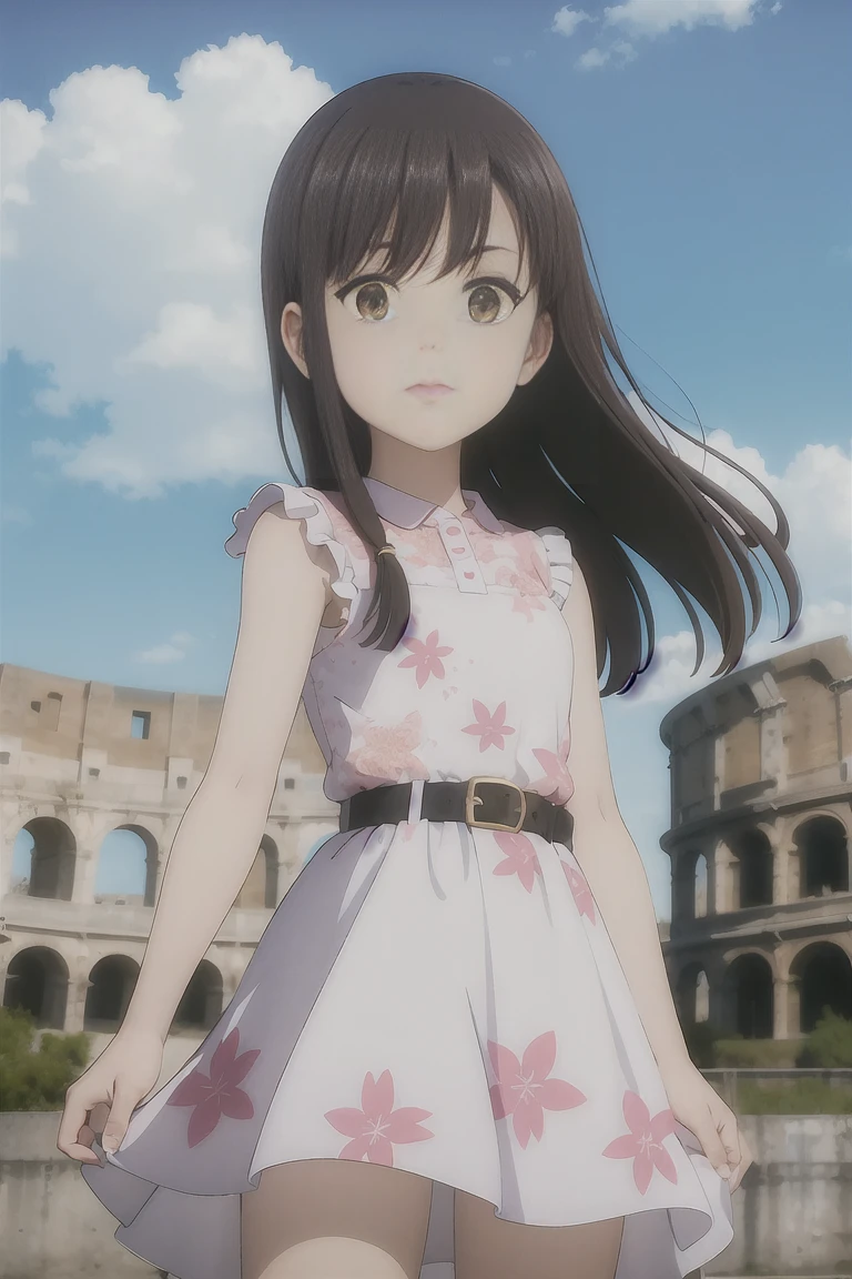 (masterpiece, best quality:1.2), 1girl, yumiko koizumi, asymmetrical bangs, bangs, black hair, blue sky, brown eyes, brown hair, cloud, cloudy sky, dress, eyebrows visible through hair, floral print, long hair, white dress, looking at viewer, outdoors, sky, colosseum, stage, sleeveless, half sleeves, belt, frills dress