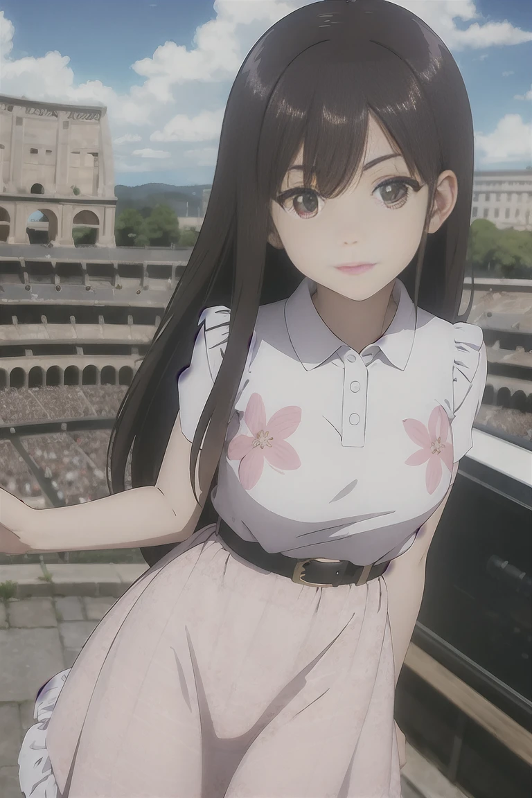 (masterpiece, best quality:1.2), 1girl, yumiko koizumi, asymmetrical bangs, bangs, black hair, blue sky, brown eyes, brown hair, cloud, cloudy sky, dress, eyebrows visible through hair, floral print, long hair, white dress, looking at viewer, outdoors, sky, colosseum, stage, sleeveless, half sleeves, belt, frills dress