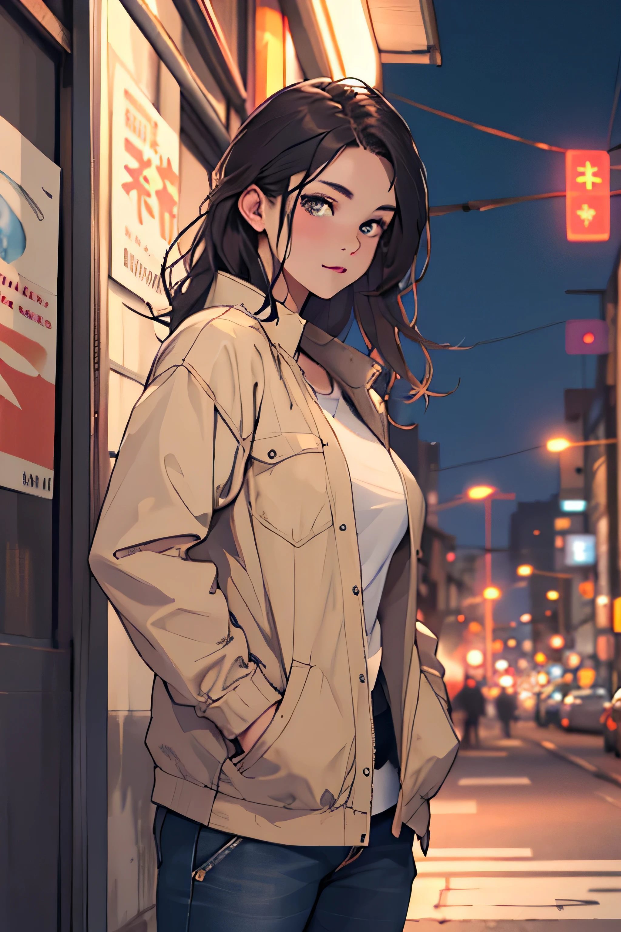 masterpiece, Highest quality, 1 girl, City of night, Detailed face, Fine grain, Beautiful Eyes, View your viewers, Put your hands in your pockets,Big Breasts