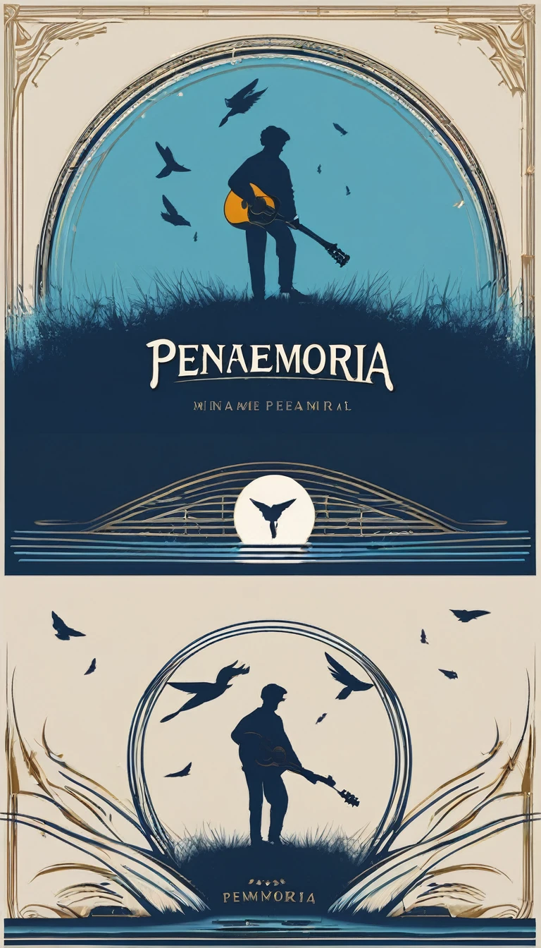 A minimal, modern, simple, cinematic logo design for the brand “Penamemoria". The logo design must be a simple, silhouette of a boy, standing up, playing acoustic guitar and fantasy feather by his side. The logo must convey a sense of music, stories, memories and dreams. Logo design impressed on a book cover. Minimalistic logo. Light blue, white and soft golden as colors for the logo design
