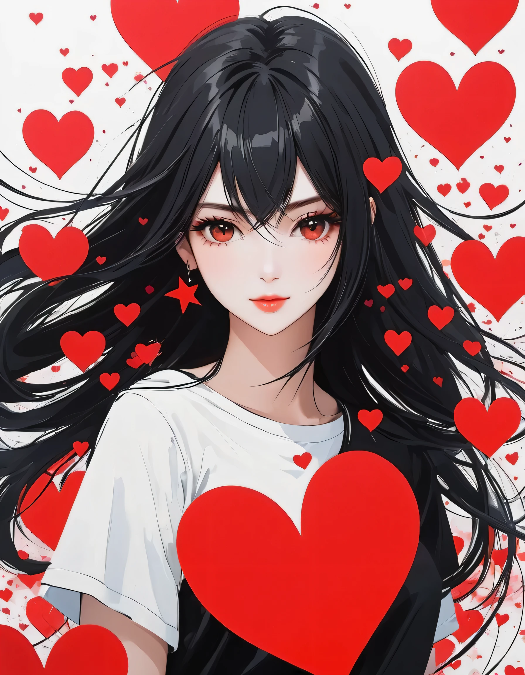 Black Star Red and White style, Simple Line Initialism,Abstract art,Urban Background, colorful hearts ,(((The most beautiful girl of all time))),