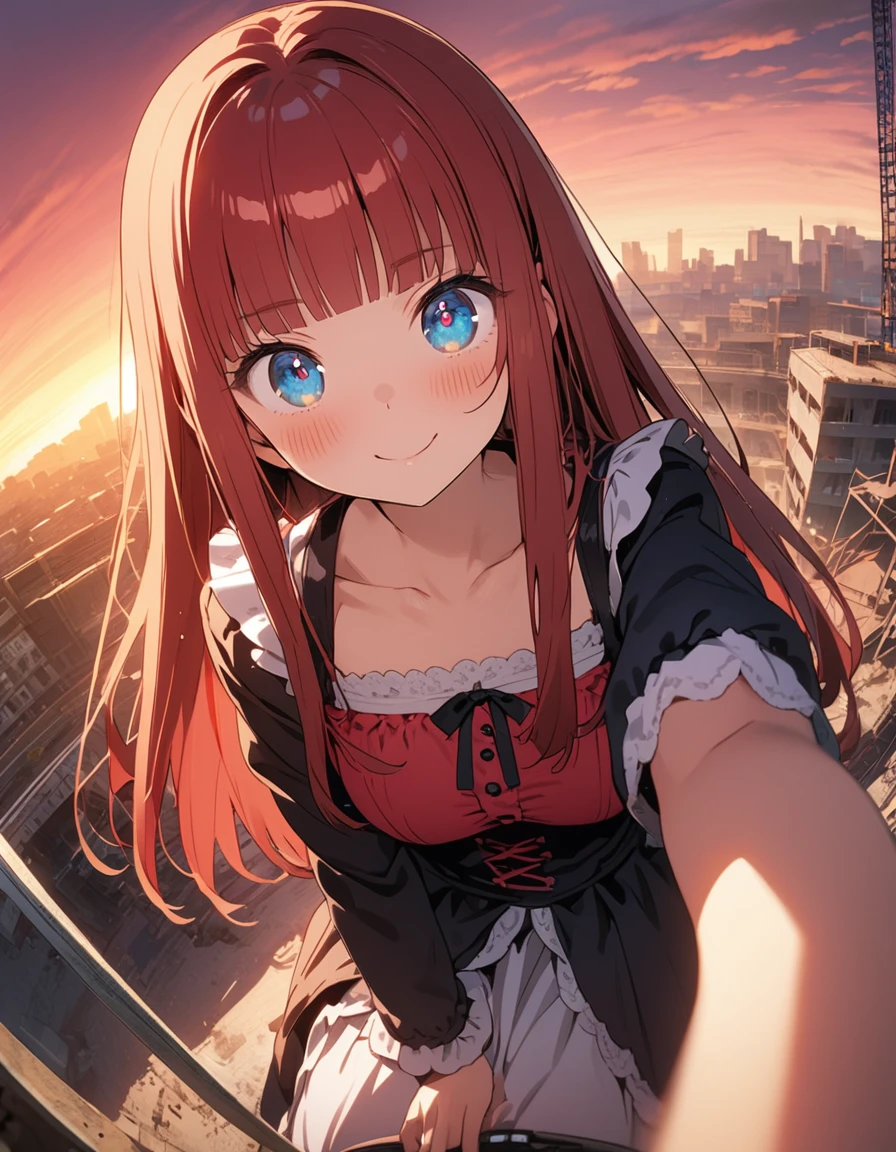 (8K, best quality, master piece: 1.2), super high resolution,novel illustration,1girl,16yo,ultra-detailed face,detailed eyes,mascara,Taking a Selfie with a smartphone,smile,red hair,bashful,Lolita Fashion(red:1.4),cute,{crimson Bustier},Straight Hair,Long Hair,shiny hair,blunt bangs,Sitting on top of a construction site,Shot from above,Reddish Sky at Sunset,Rim Light,Selfie,Fisheye,no black picture