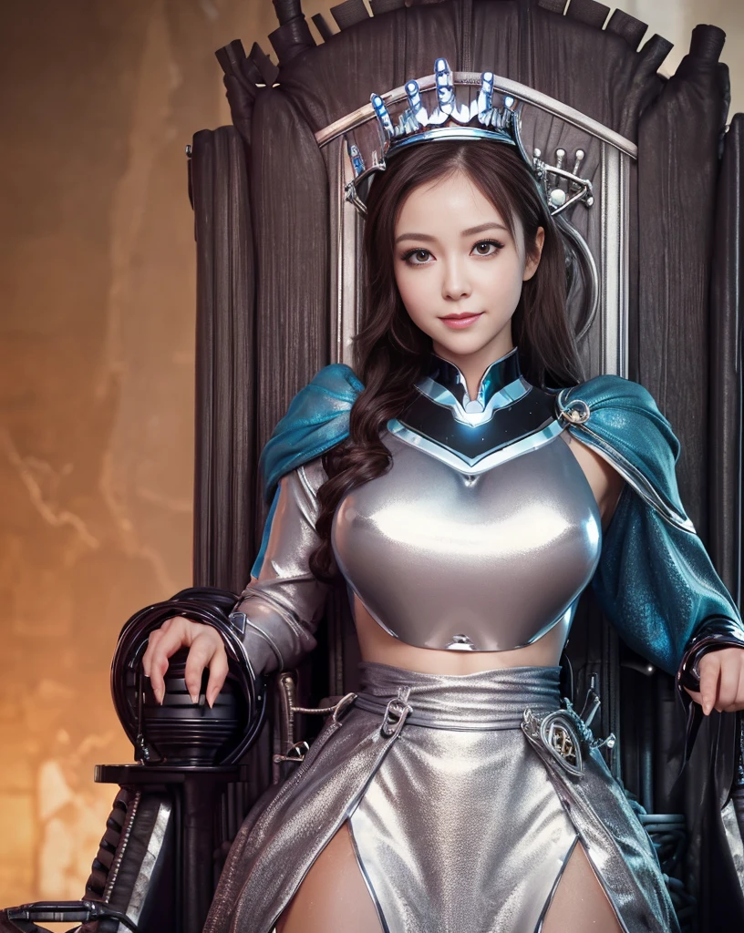 (shiny:1.7), black rubber suit, (black long gloves), RAW photo, photorealistic:1.6, Quality:1.5, 8k, Masterpiece:1.3, ultra highres:1.0, Crisp Focus:1.2, Big breasts:1.3, Beautiful Woman with Perfect Figure:1.4, Slender Abs:1.2,Highly Detailed Face and Skin Texture, Detailed Eyes, Double Eyelids, perfect face balance, cute, smile, beautiful studio soft light, rim light, vibrant details, hyper realistic, octane render, detailed beautiful skin, realistic skin,((Throne of Power:1.46)),sitting girl,((princess outfit)),(low angle),