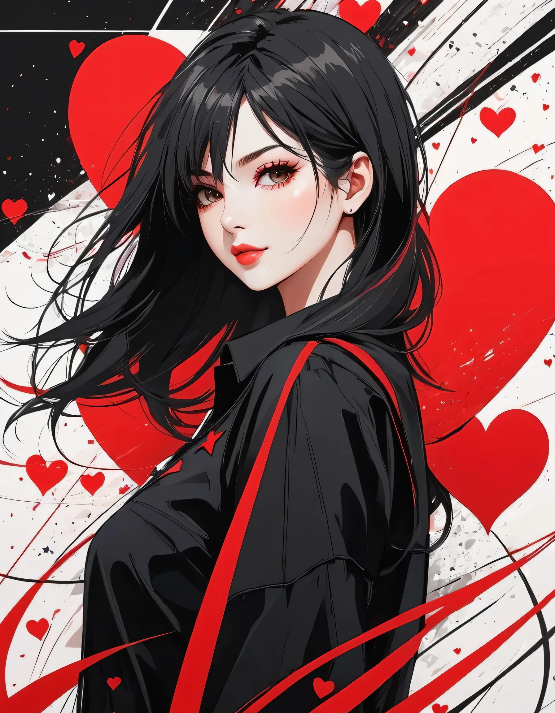 Black Star Red and White style, Simple Line Initialism,Abstract art,Urban Background, colorful hearts ,(((The most beautiful girl of all time))),